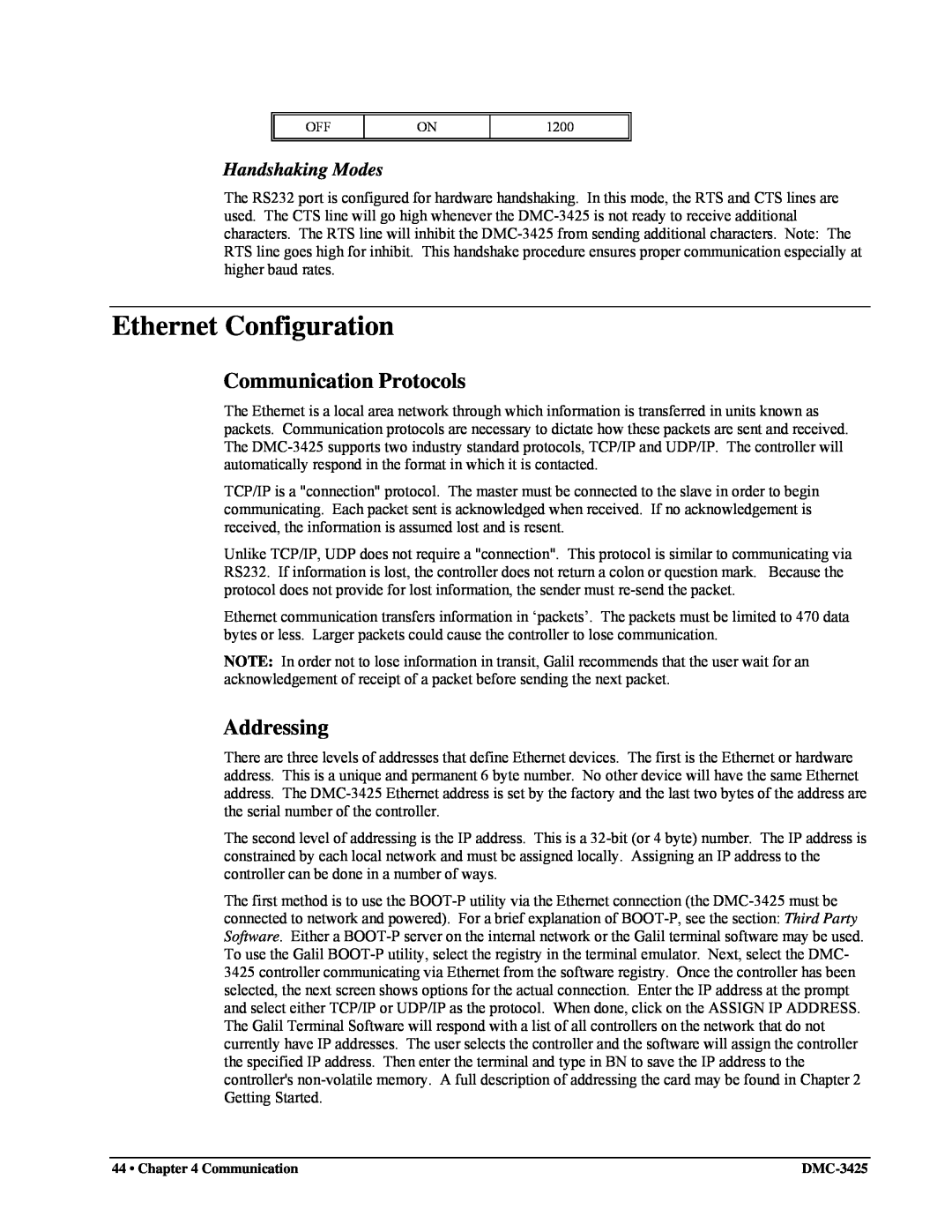 Galil DMC-3425 user manual Ethernet Configuration, Communication Protocols, Addressing, Handshaking Modes 