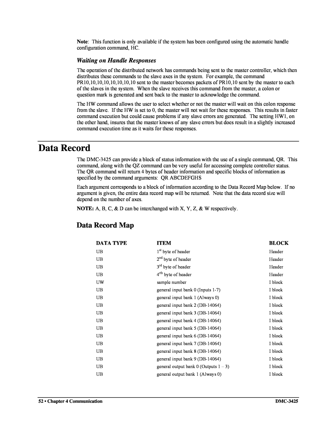Galil DMC-3425 user manual Data Record Map, Waiting on Handle Responses 