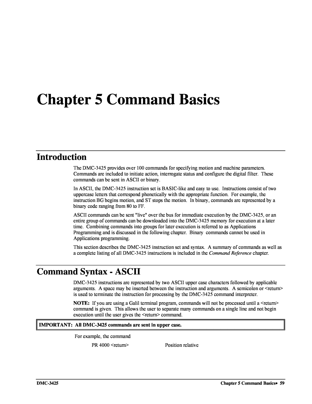 Galil DMC-3425 user manual Command Basics, Command Syntax - ASCII, Introduction 