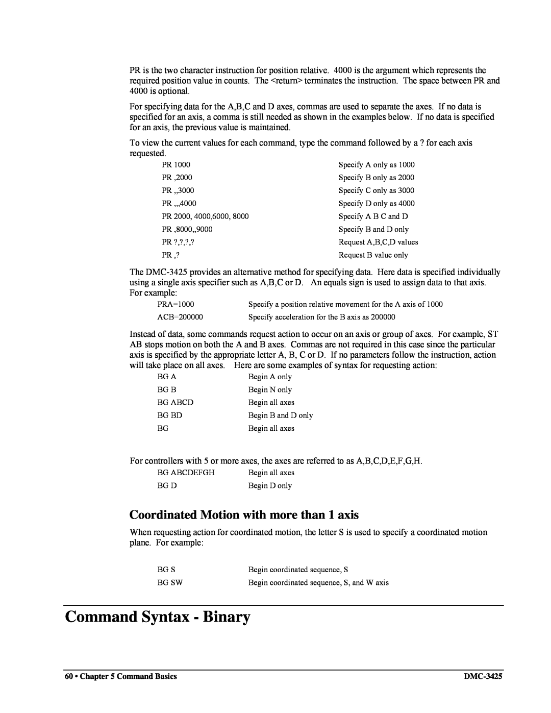 Galil DMC-3425 user manual Command Syntax - Binary, Coordinated Motion with more than 1 axis 