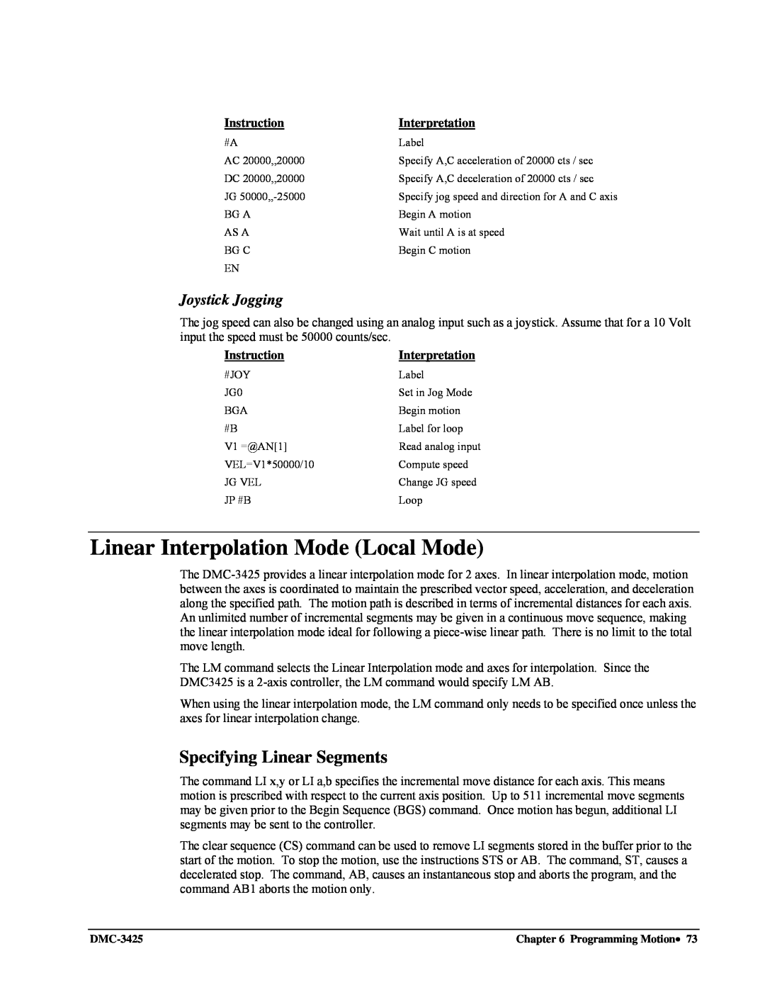 Galil DMC-3425 user manual Linear Interpolation Mode Local Mode, Specifying Linear Segments, Joystick Jogging 
