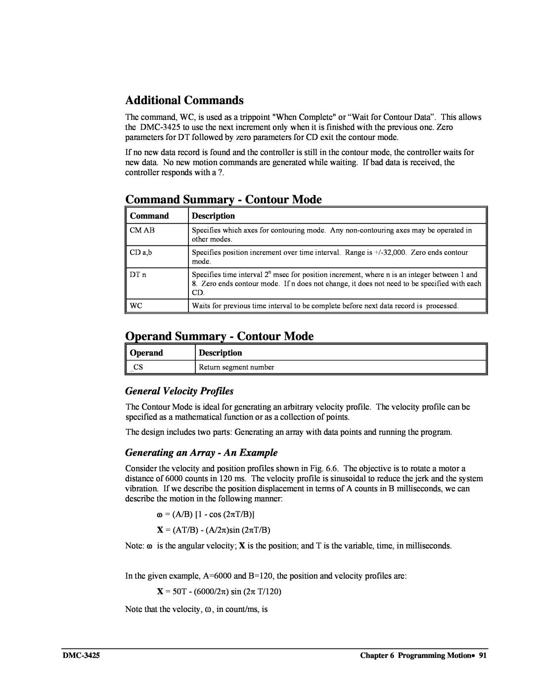 Galil DMC-3425 user manual Command Summary - Contour Mode, Operand Summary - Contour Mode, General Velocity Profiles 