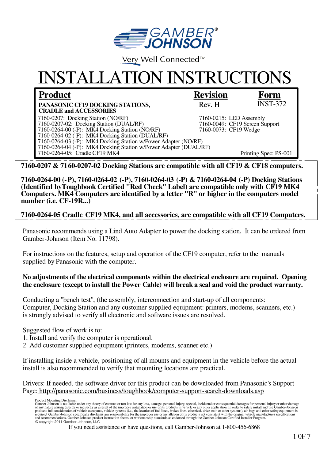 Gamber Johnson 7160-0207-02, 7160-0264-03, 7160-0073, 7160-0264-05 installation instructions Installation Instructions 