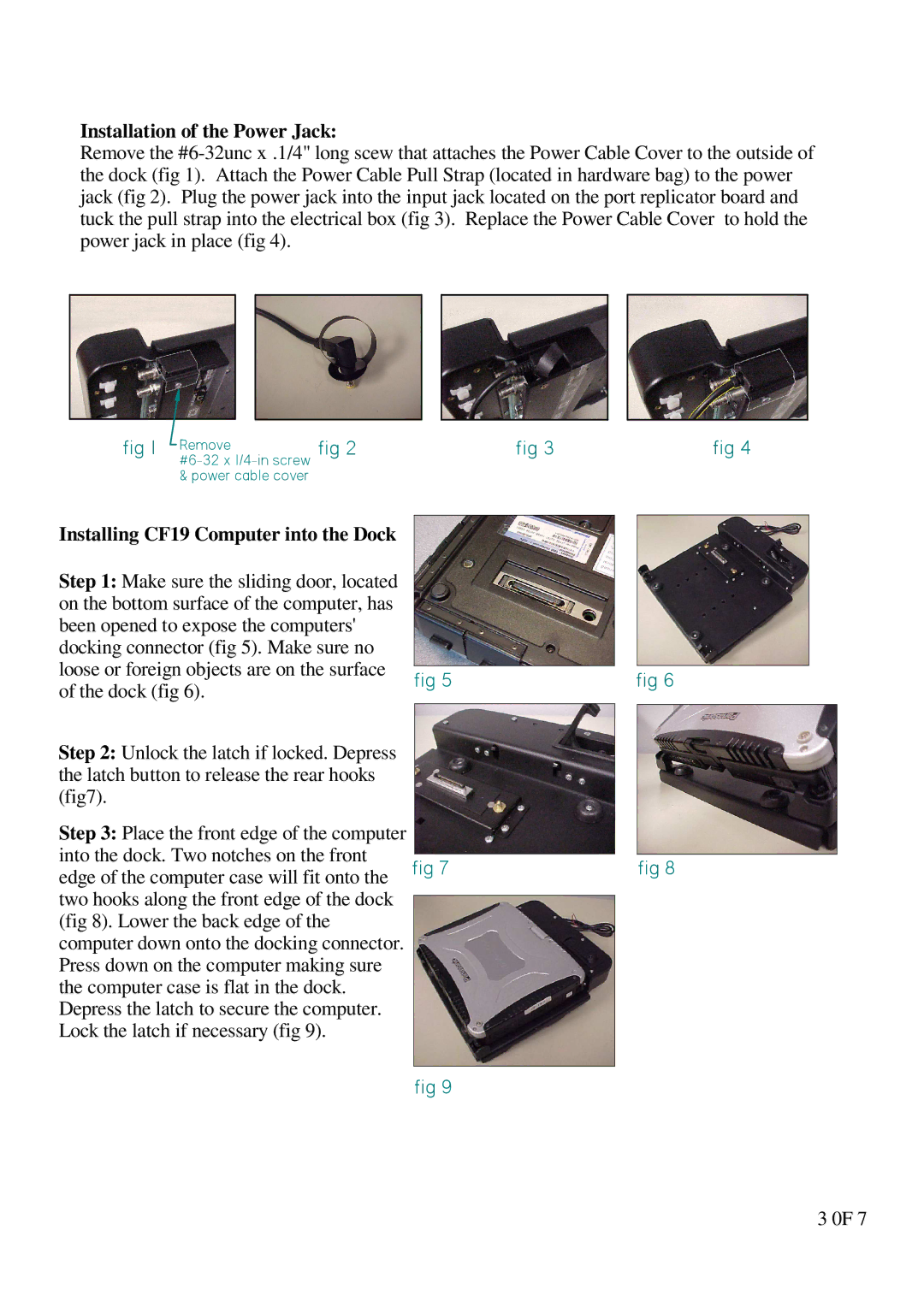 Gamber Johnson 7160-0264-05, 7160-0073 Removefig, Installation of the Power Jack, Installing CF19 Computer into the Dock 