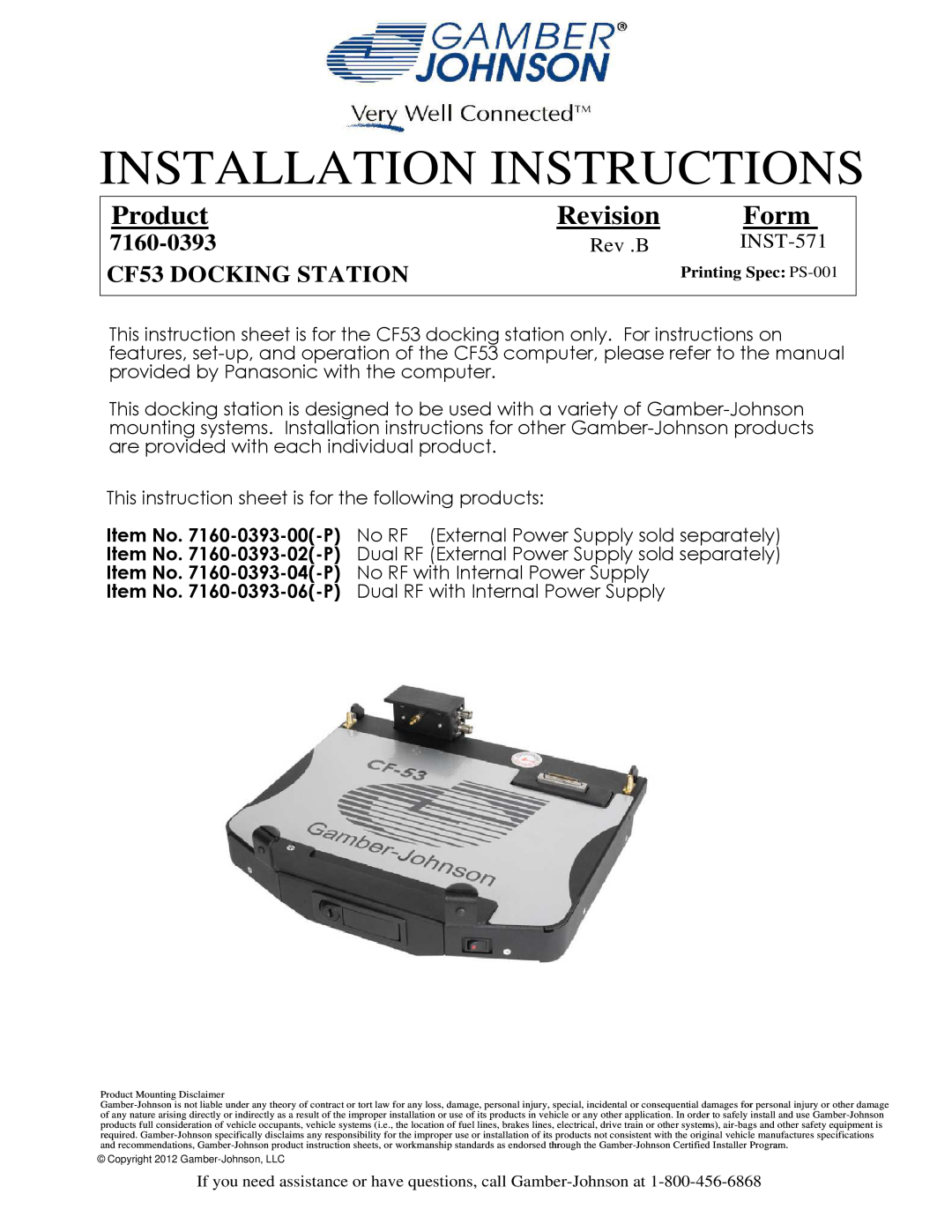 Gamber Johnson 7160-0393-02(-P) installation instructions Installation Instructions, Product, Revision, Form, Rev .B 