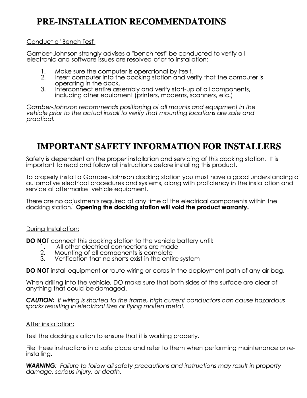 Gamber Johnson 7160-0393-00(-P) Pre-Installation Recommendatoins, Important Safety Information For Installers 