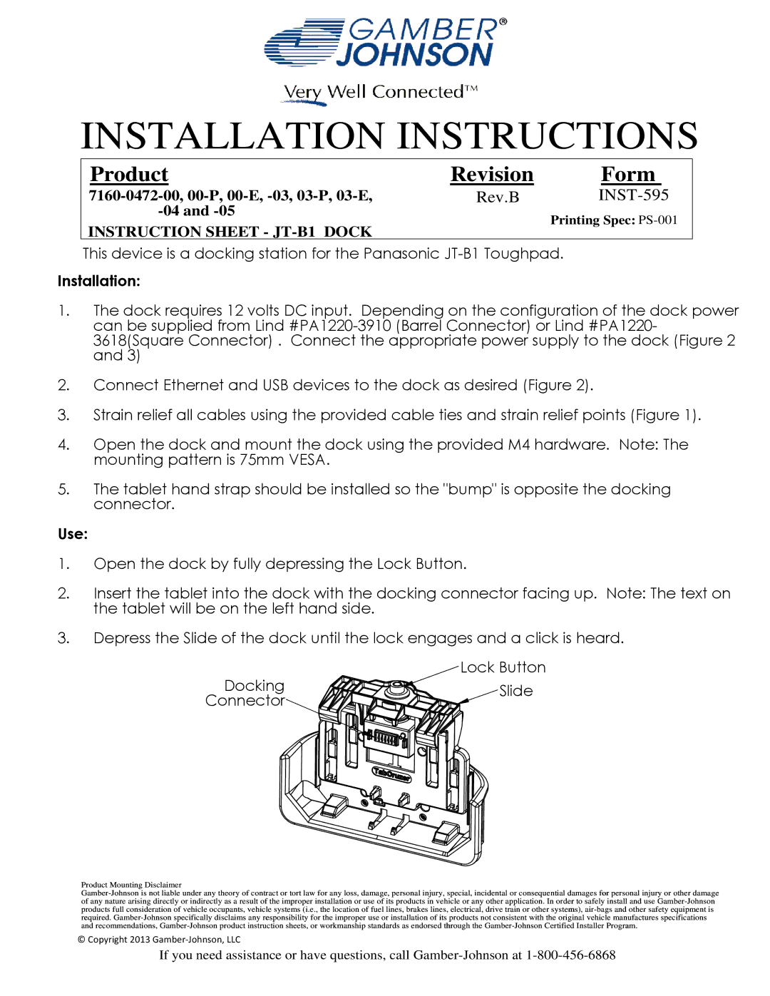 Gamber Johnson 7160-0472-04 installation instructions Installation Instructions, Product Revision Form, Rev.B INST-595 