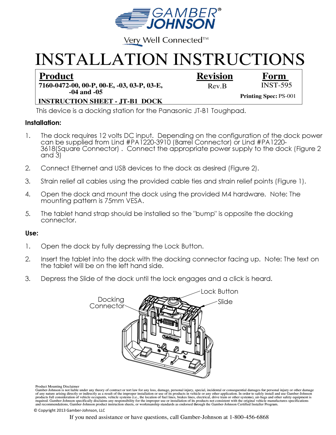 Gamber Johnson 7160-0472-04 installation instructions Installation Instructions, Product, Revision, Form, Rev.B, INST-595 