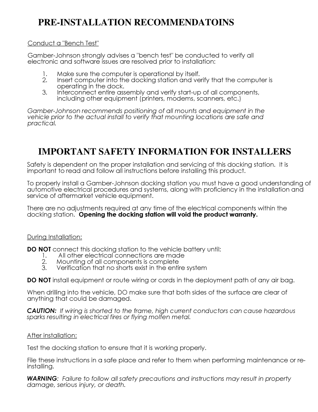 Gamber Johnson 7160-0487, 7160-0486 PRE-INSTALLATION Recommendatoins, Important Safety Information for Installers 