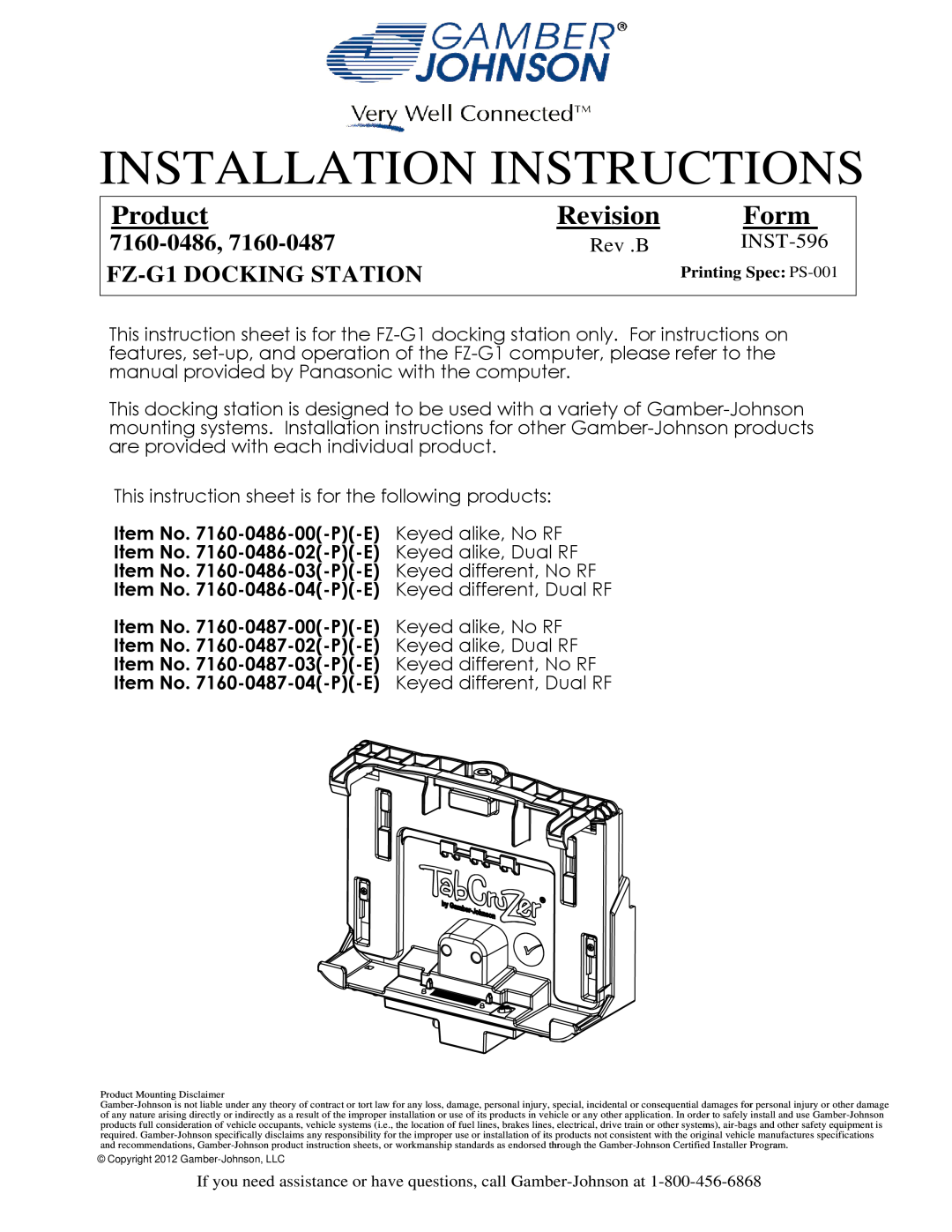 Gamber Johnson 7160-0486 installation instructions Installation Instructions, Product, Revision, Form, Rev .B, INST-596 
