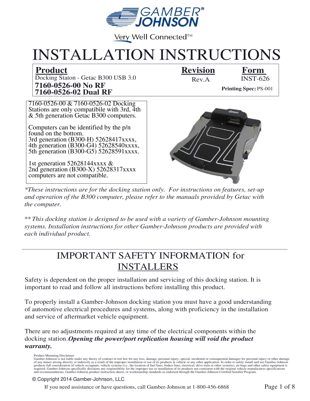Gamber Johnson 7160-0526-00 installation instructions IMPORTANT SAFETY INFORMATION for INSTALLERS, Product, Revision, Form 