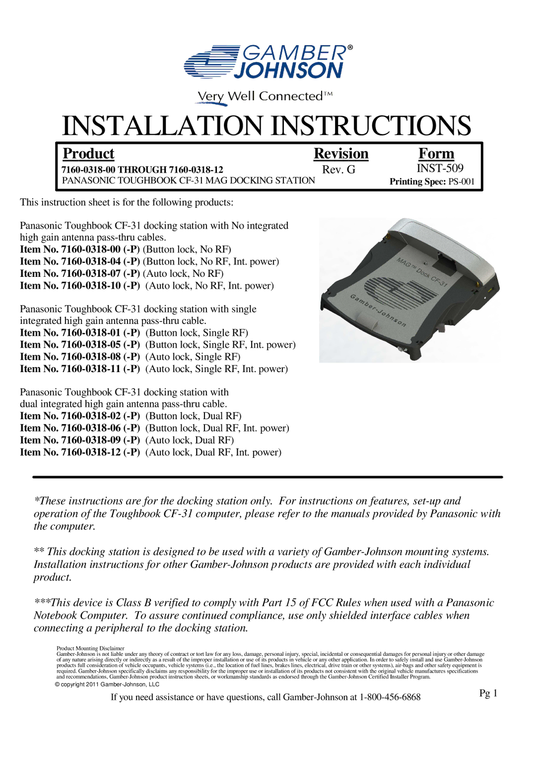 Gamber Johnson 7160-0318-11, CF-31, 7160-0318-07, 7160-0318-12 installation instructions Installation Instructions 