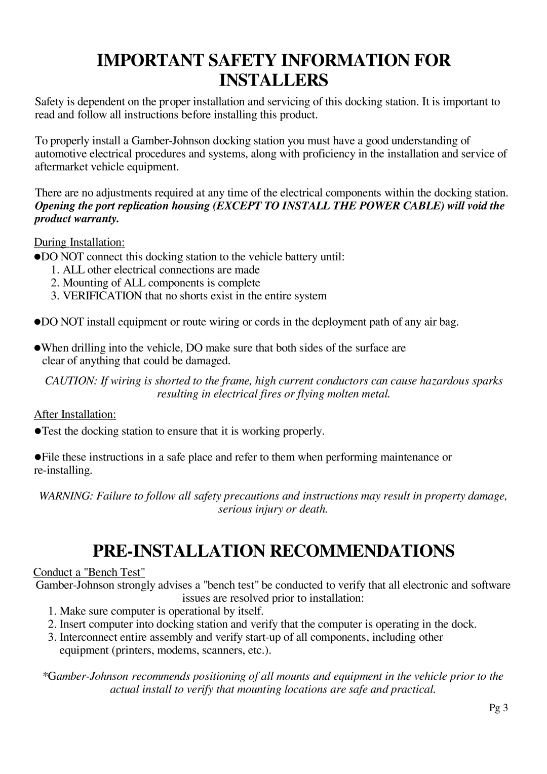 Gamber Johnson 7160-0318-12, CF-31 Important Safety Information for Installers, PRE-INSTALLATION Recommendations 