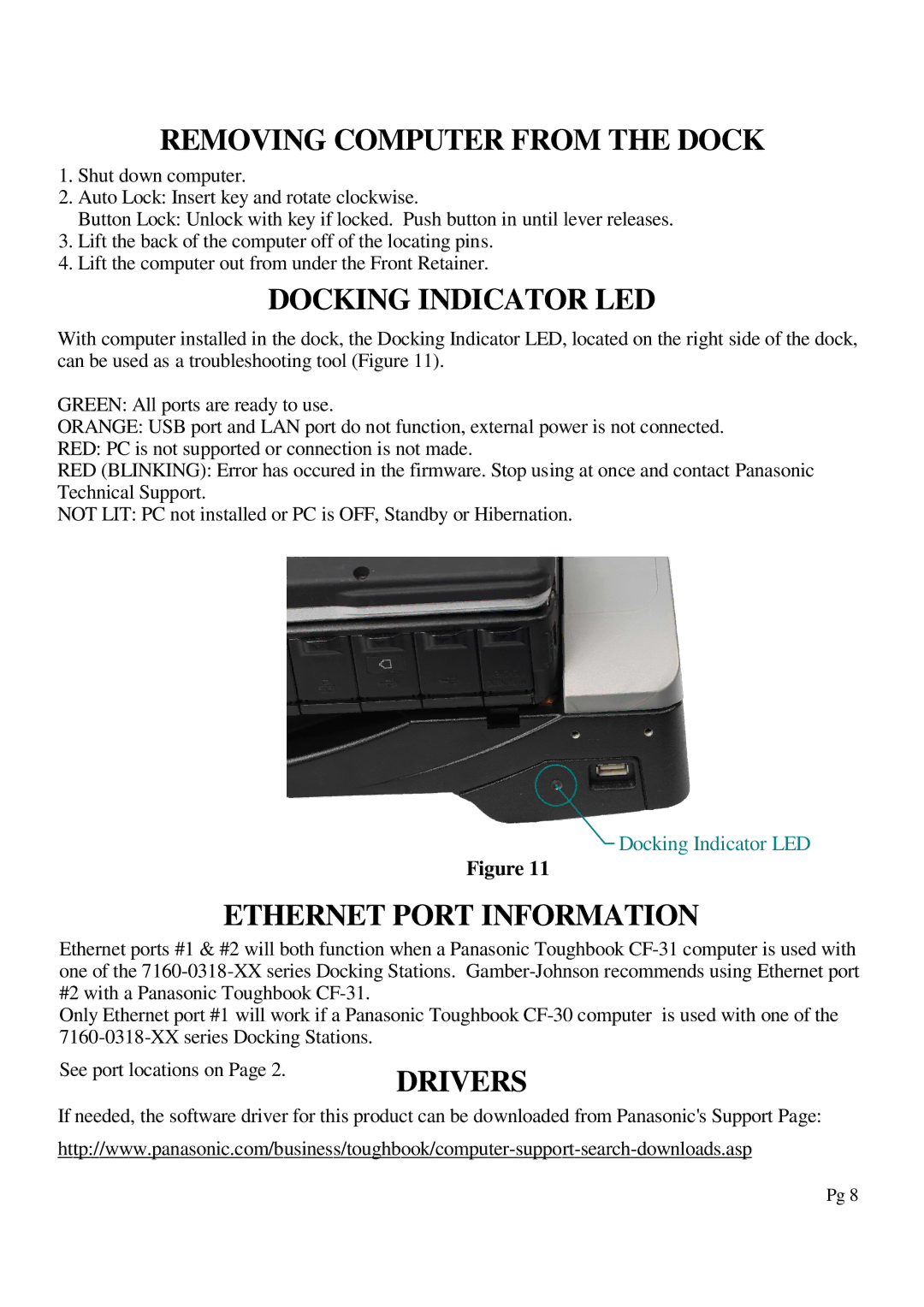 Gamber Johnson 7160-0318-06 Removing Computer from the Dock, Docking Indicator LED, Ethernet Port Information, Drivers 