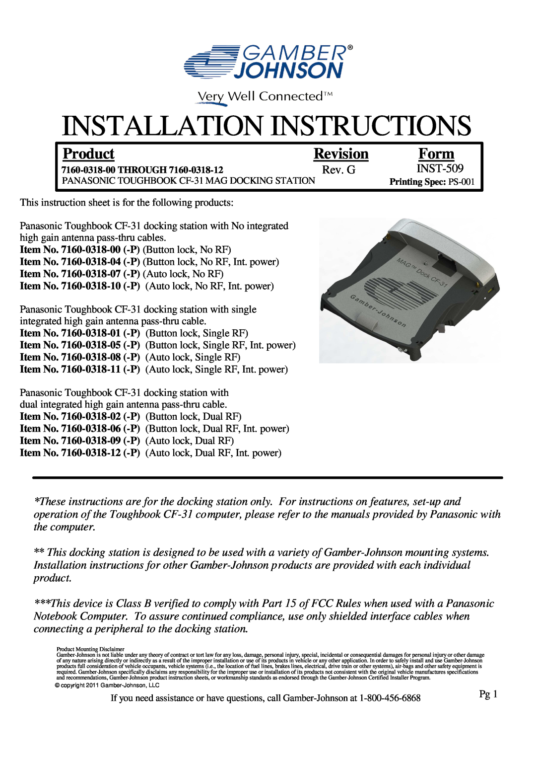 Gamber Johnson 7160-0318-11, CF-31 installation instructions Installation Instructions, Product, Revision, Form 