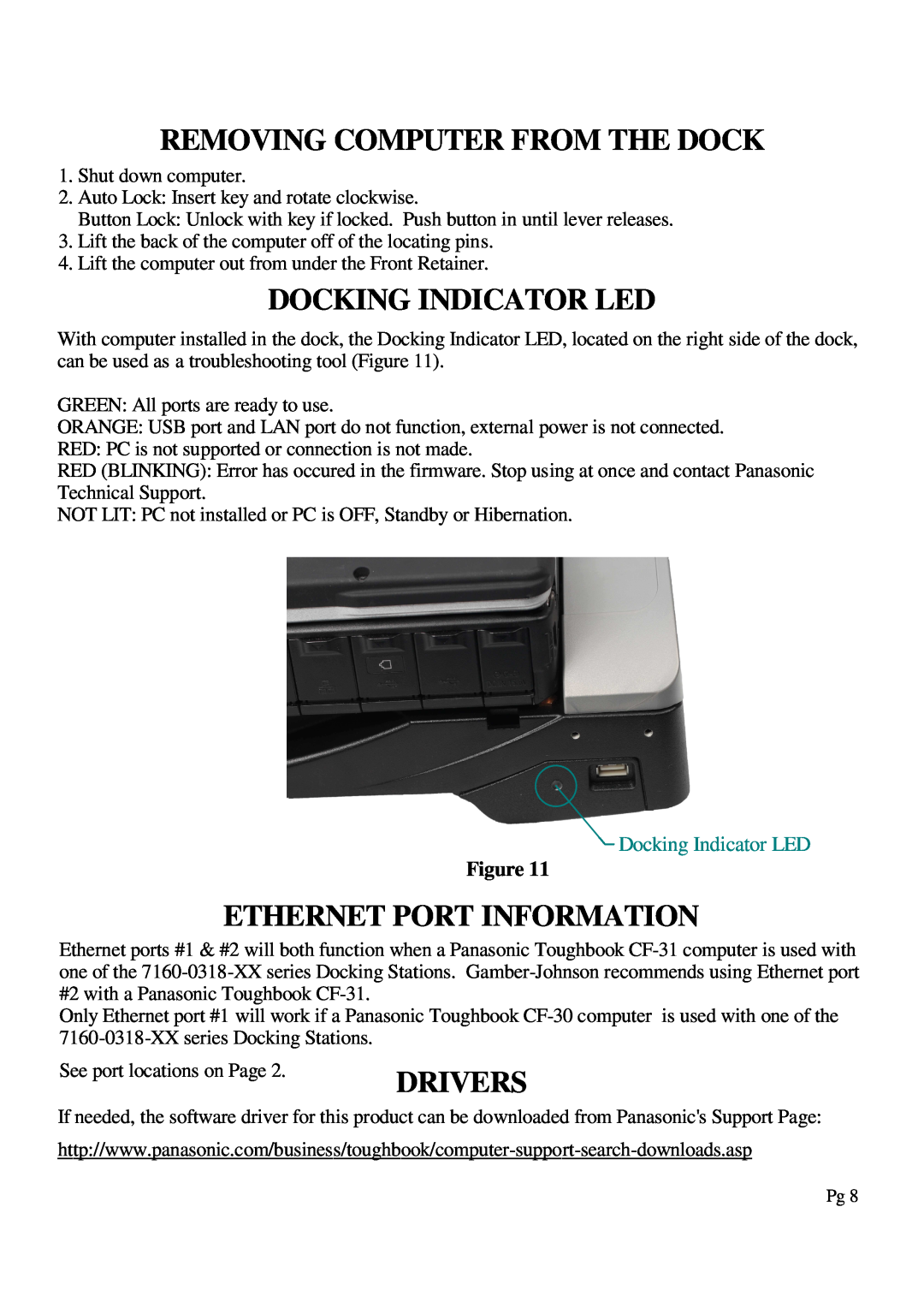Gamber Johnson 7160-0318-06 Removing Computer From The Dock, Docking Indicator Led, Ethernet Port Information, Drivers 