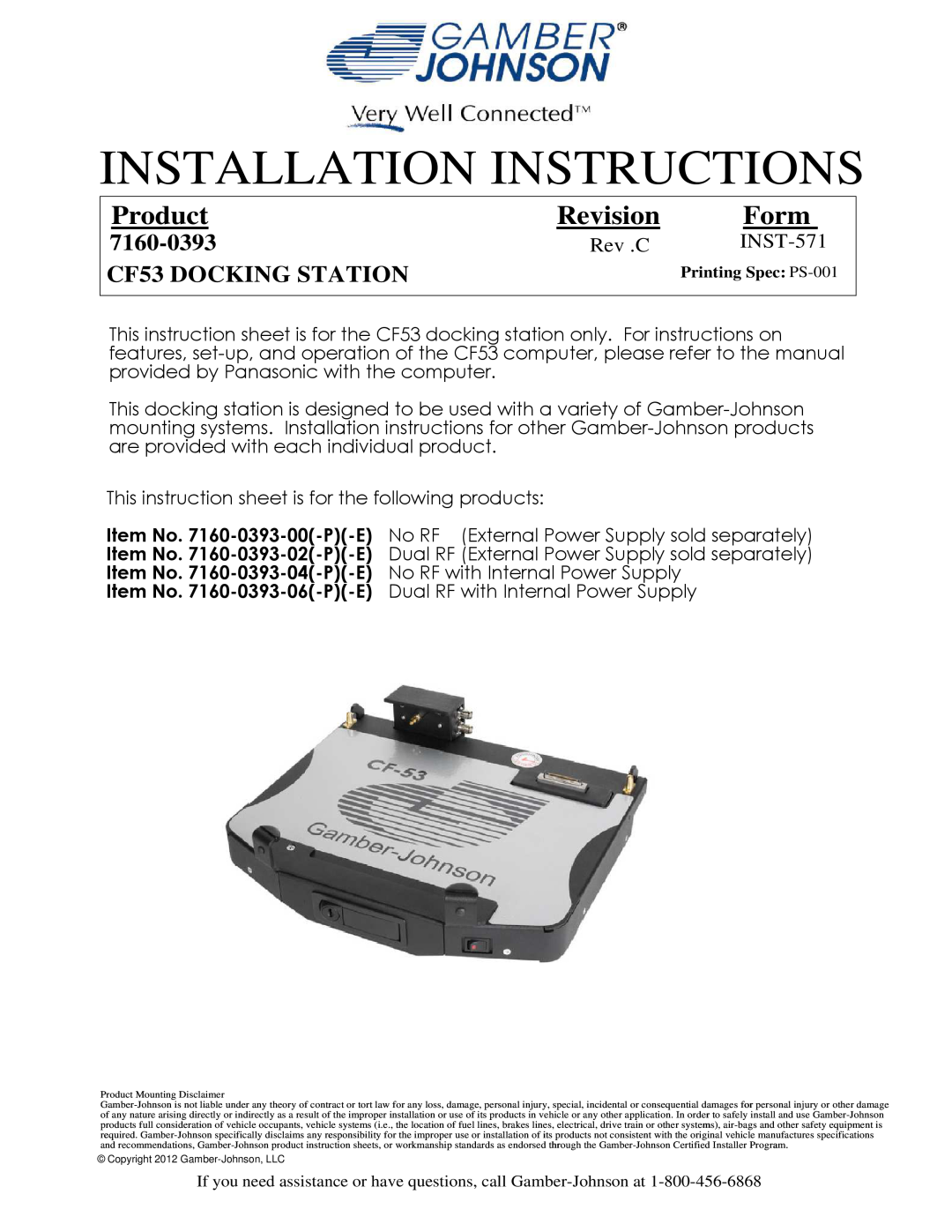 Gamber Johnson CF53 installation instructions Installation Instructions, Product, Revision, Form, 7160-0393, Rev .C 