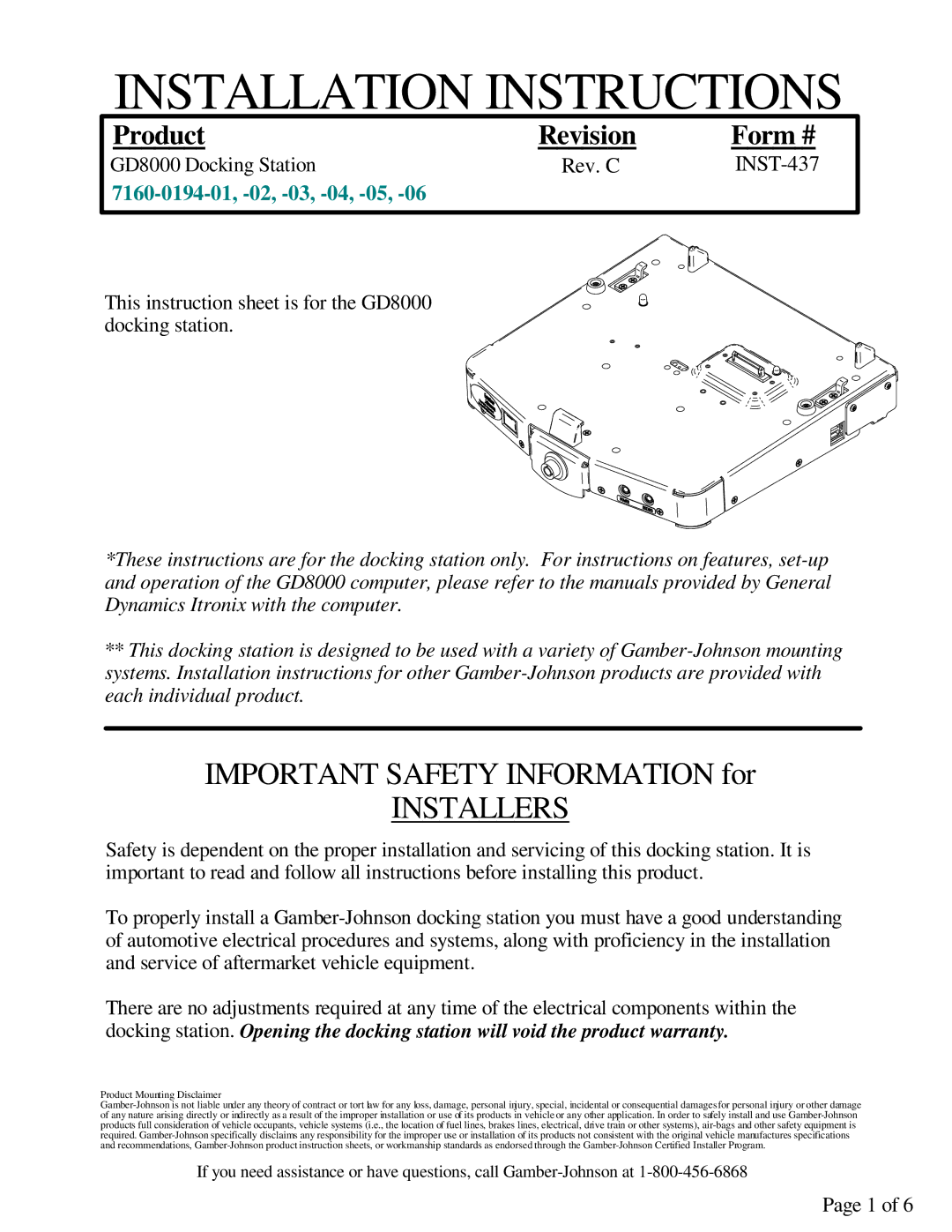 Gamber Johnson GD8000 installation instructions Installation Instructions, Installers 