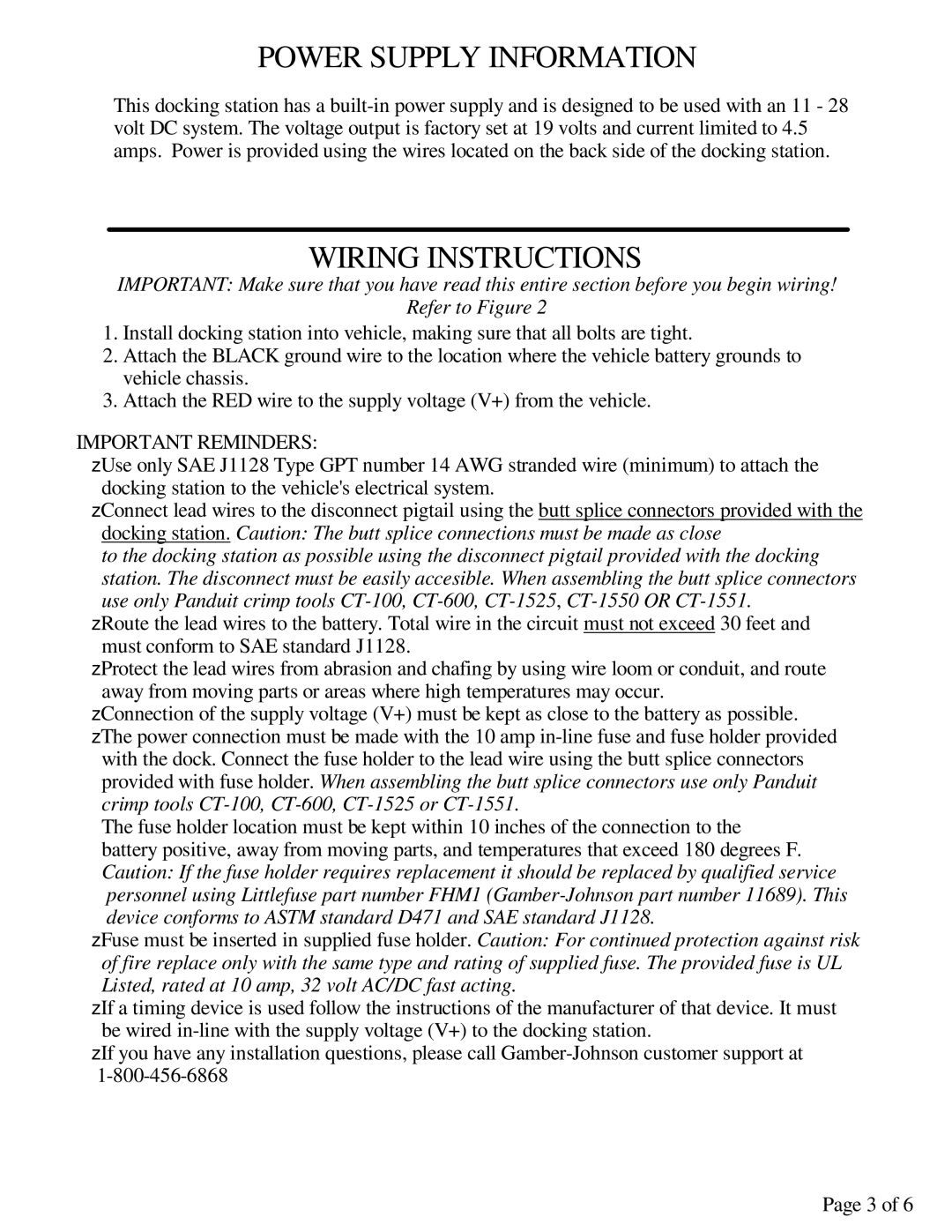 Gamber Johnson GD8000 installation instructions Power Supply Information, Wiring Instructions 