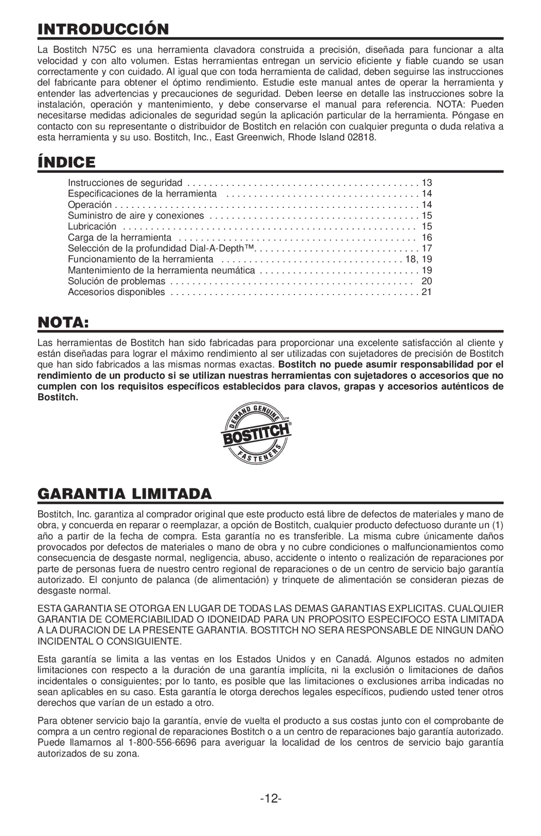 Gap N75C manual Introducción, Índice, Nota, Garantia Limitada 