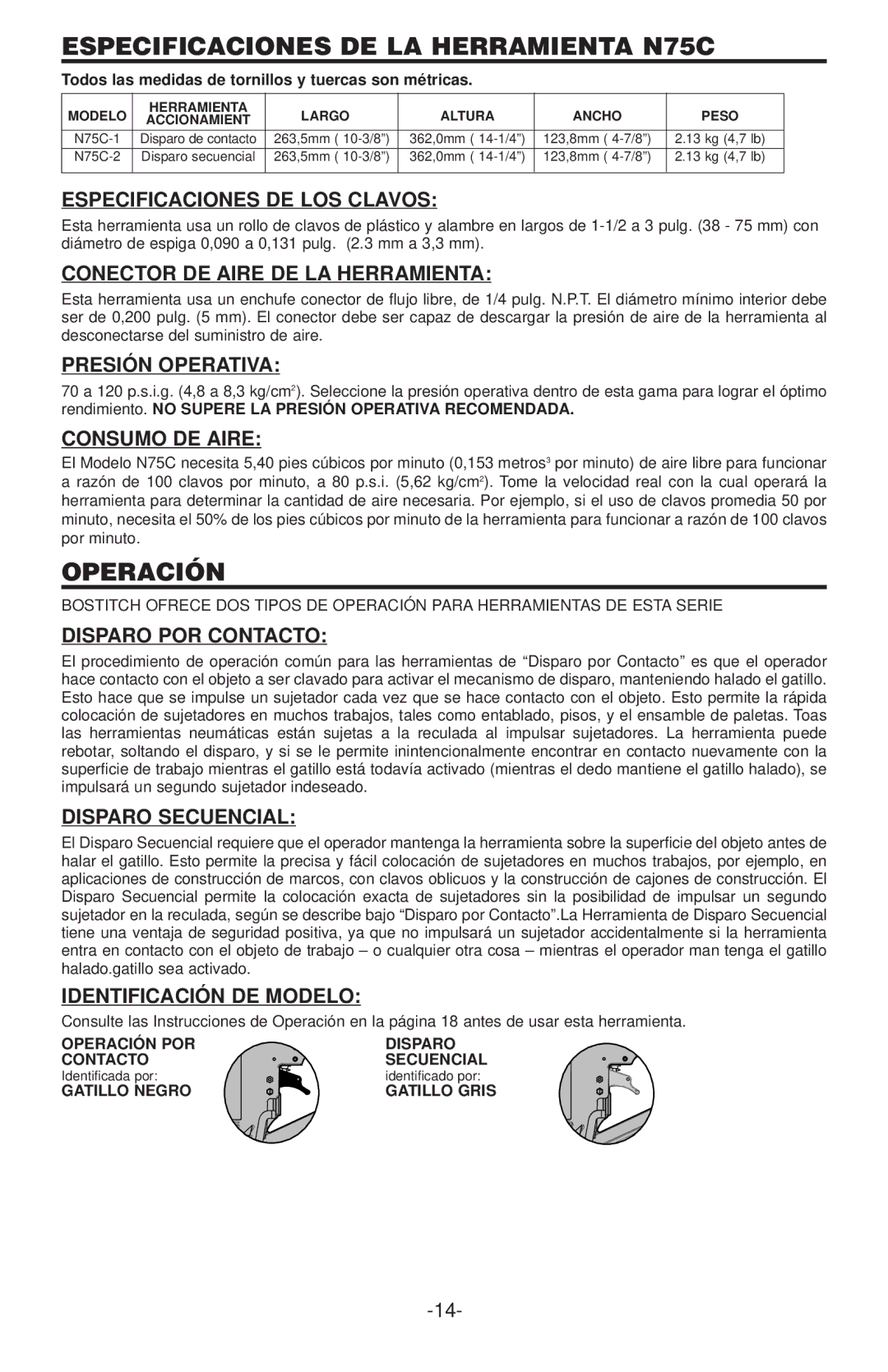 Gap manual Especificaciones DE LA Herramienta N75C 