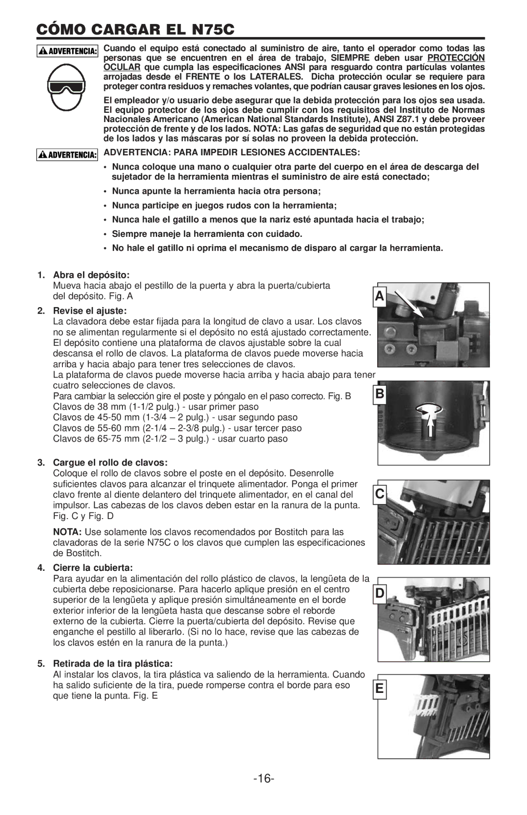 Gap manual Cómo Cargar EL N75C, Advertencia Para Impedir Lesiones Accidentales 