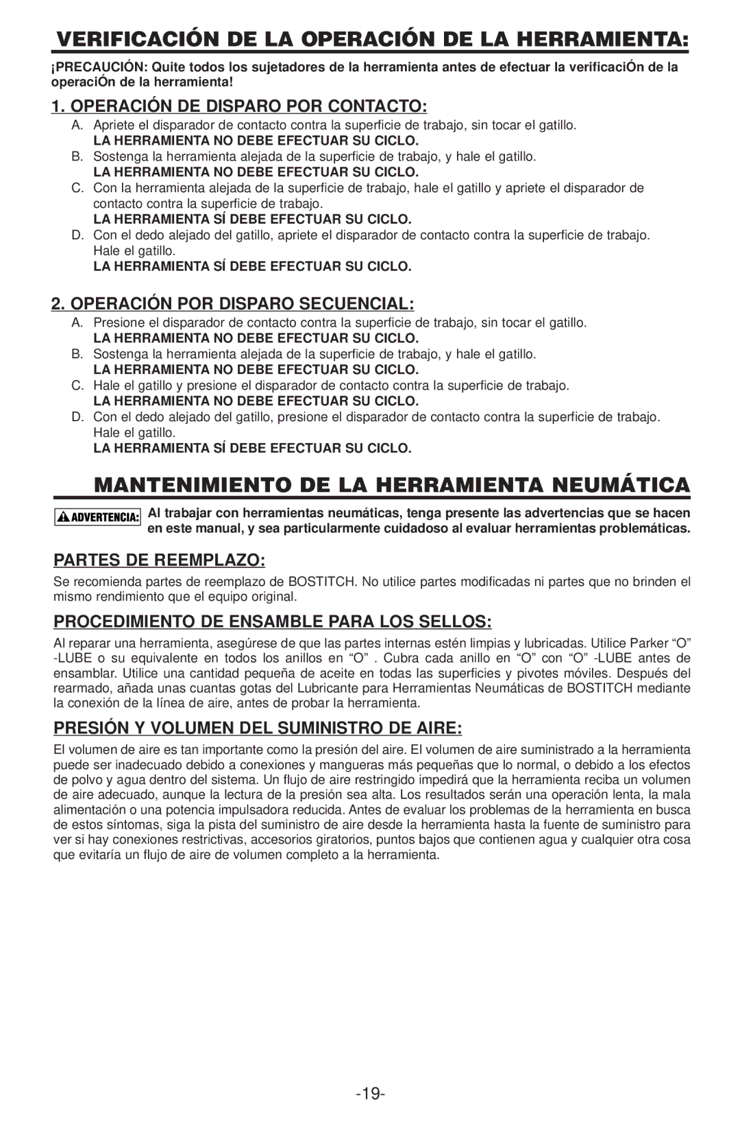 Gap N75C manual Verificación DE LA Operación DE LA Herramienta, Mantenimiento DE LA Herramienta Neumática 