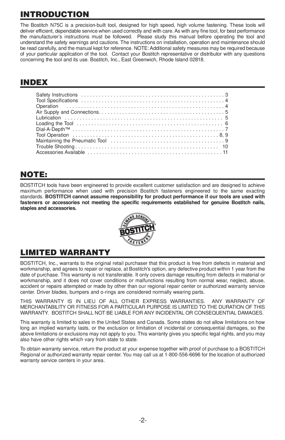 Gap N75C manual Introduction, Index, Limited Warranty 