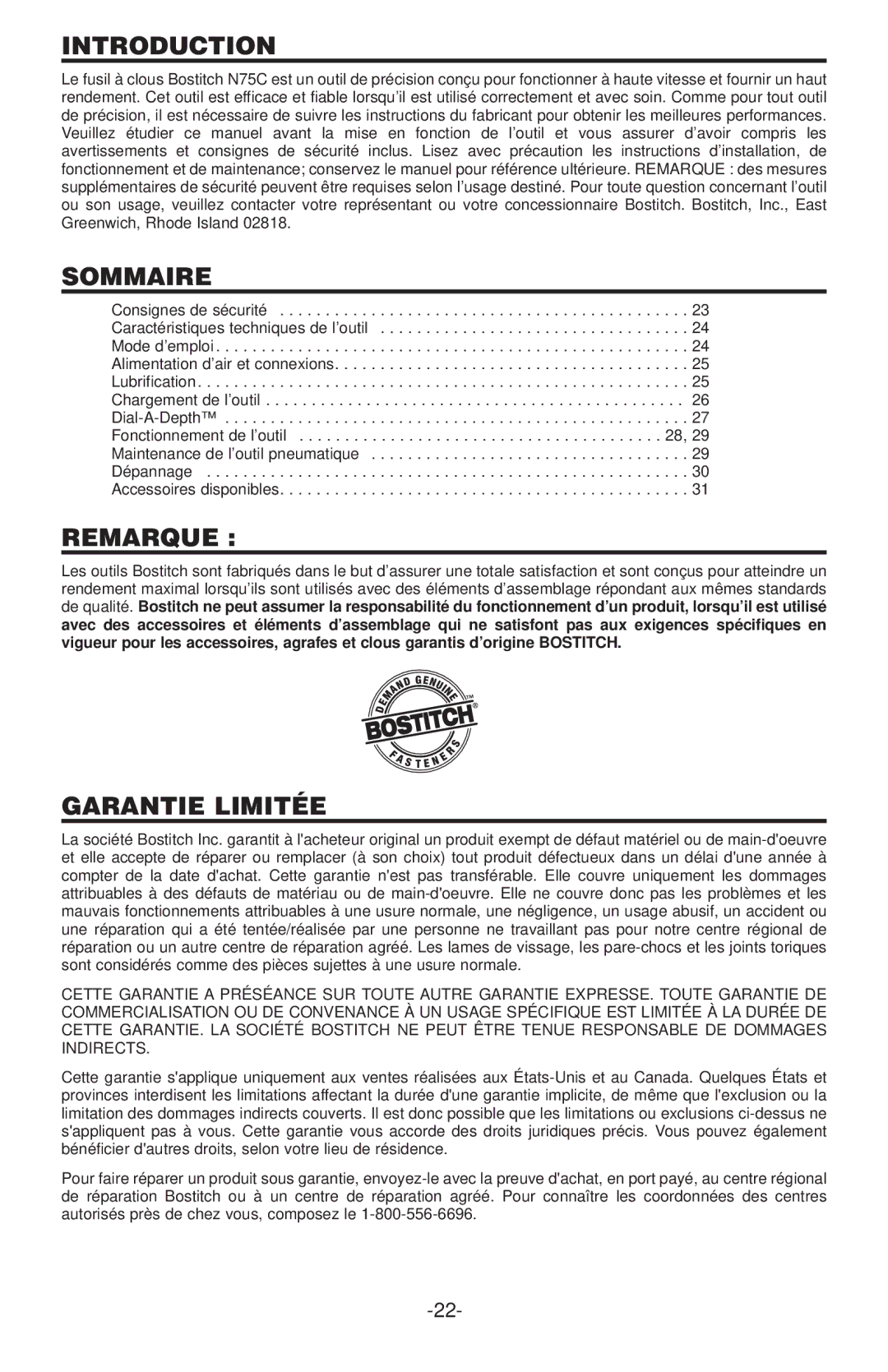 Gap N75C manual Sommaire, Remarque, Garantie Limitée 