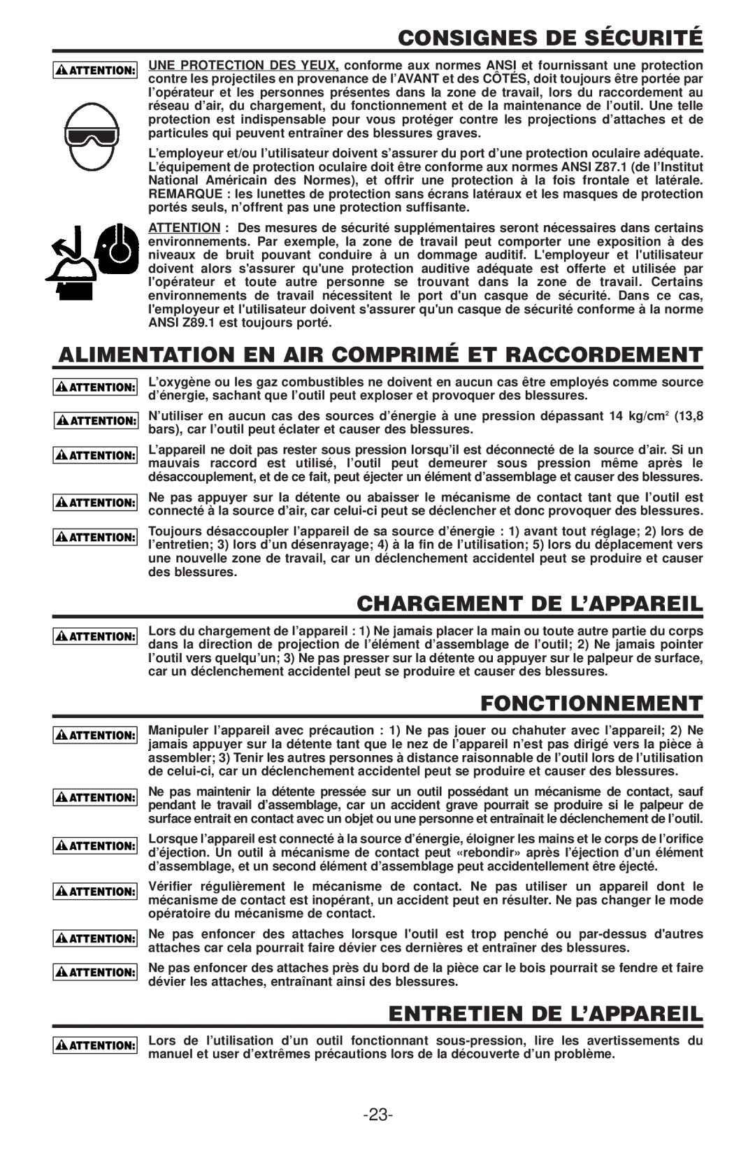 Gap N75C Consignes DE Sécurité, Alimentation EN AIR Comprimé ET Raccordement, Chargement DE L’APPAREIL, Fonctionnement 