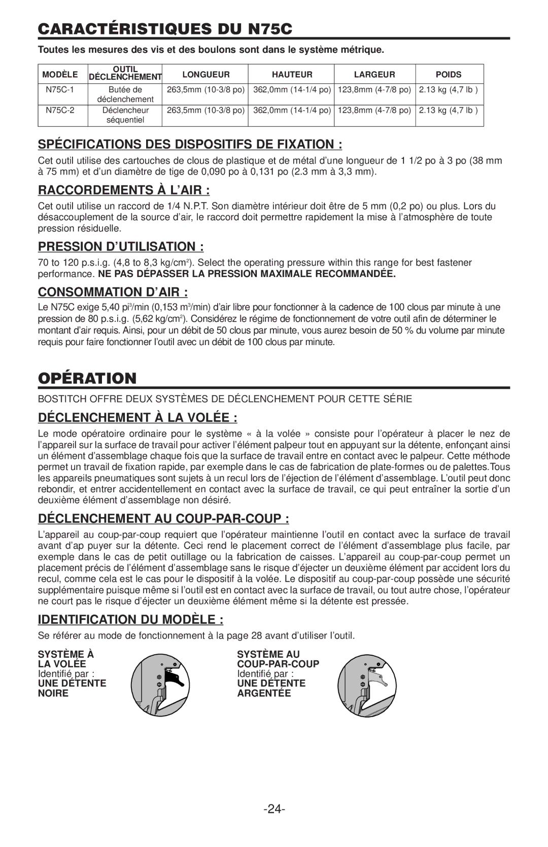 Gap manual Caractéristiques DU N75C, Opération 