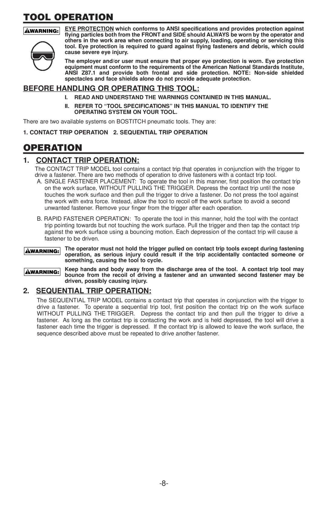 Gap N75C manual Tool Operation, Before Handling or Operating this Tool, Contact Trip Operation, Sequential Trip Operation 