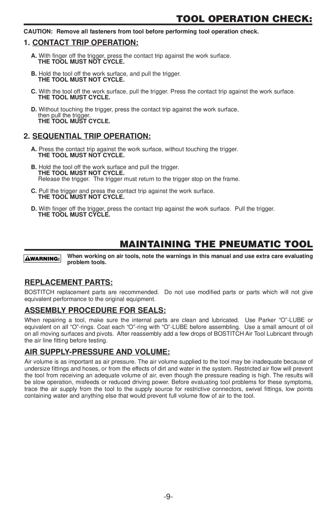 Gap N75C manual Tool Operation Check, Maintaining the Pneumatic Tool, Replacement Parts, Assembly Procedure for Seals 