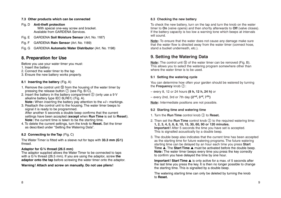 Gardena 1030 manual Preparation for Use, Setting the Watering Data 