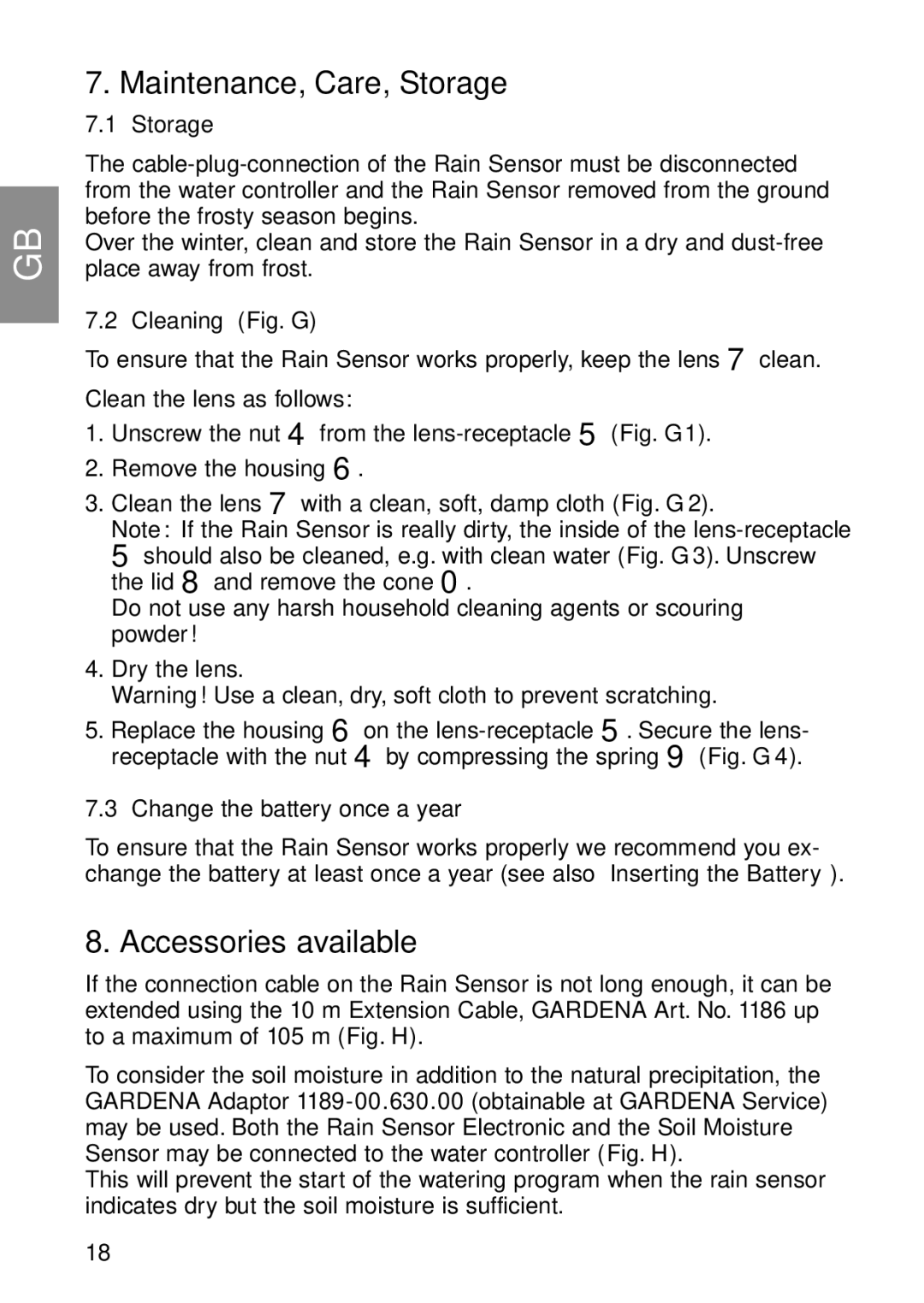 Gardena 1189 manual Maintenance, Care, Storage, Accessories available, Cleaning Fig. G, Change the battery once a year 