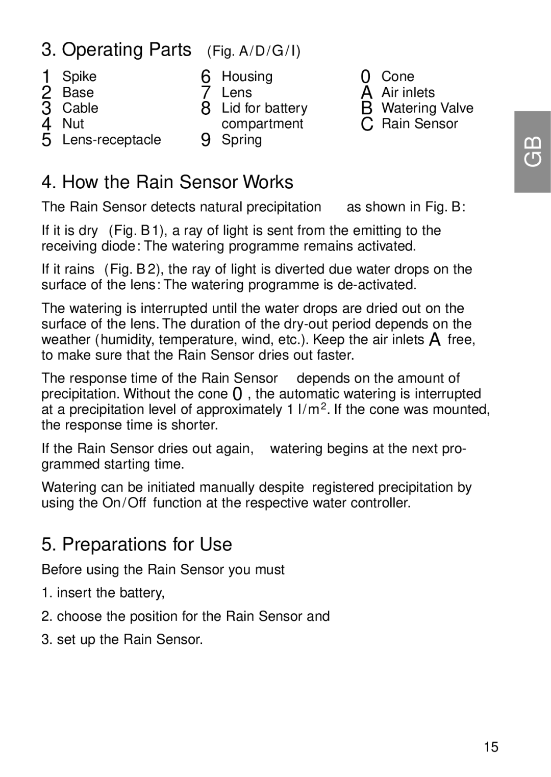 Gardena 1189 manual Operating Parts Fig. a / D / G, How the Rain Sensor Works, Preparations for Use 