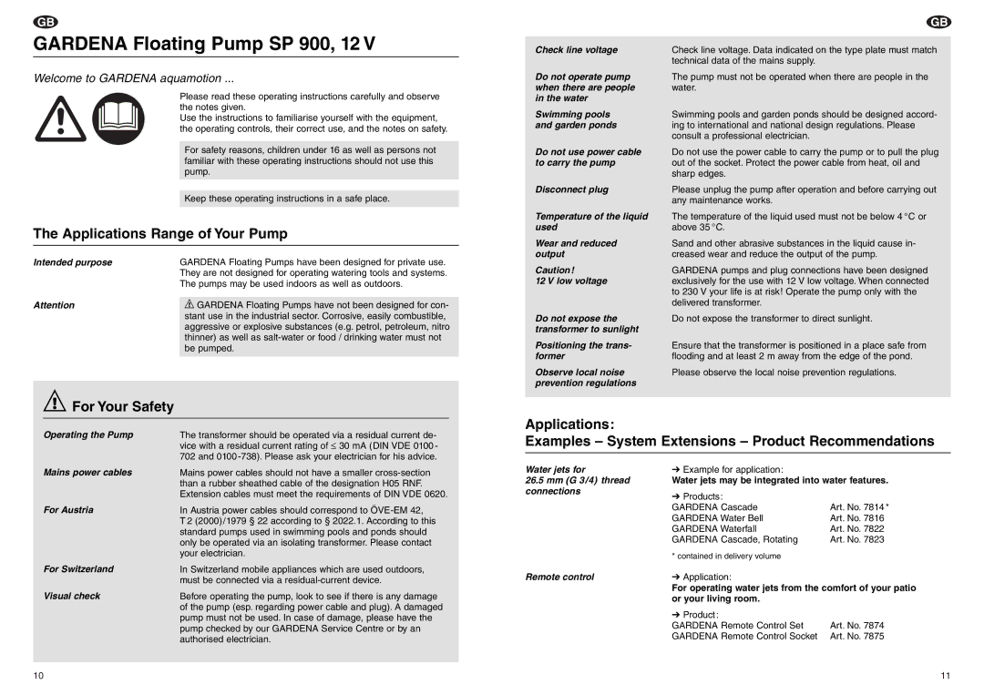 Gardena SP 900, 12 V manual Applications Range of Your Pump, For Your Safety 