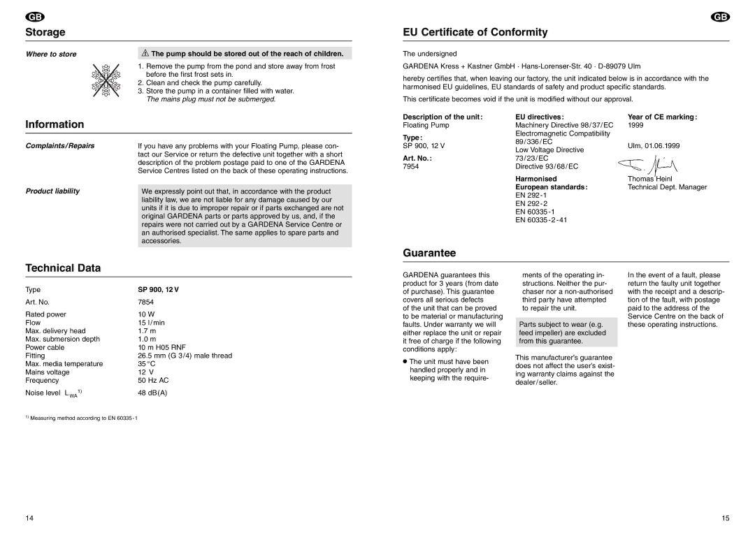 Gardena SP 900, 12 V manual Storage, Information, Technical Data EU Certificate of Conformity, Guarantee 