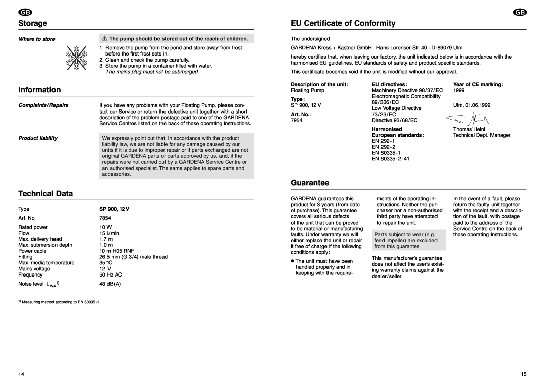 Gardena SP 900, 12 V manual Storage, Information, Technical Data, EU Certificate of Conformity, Guarantee 