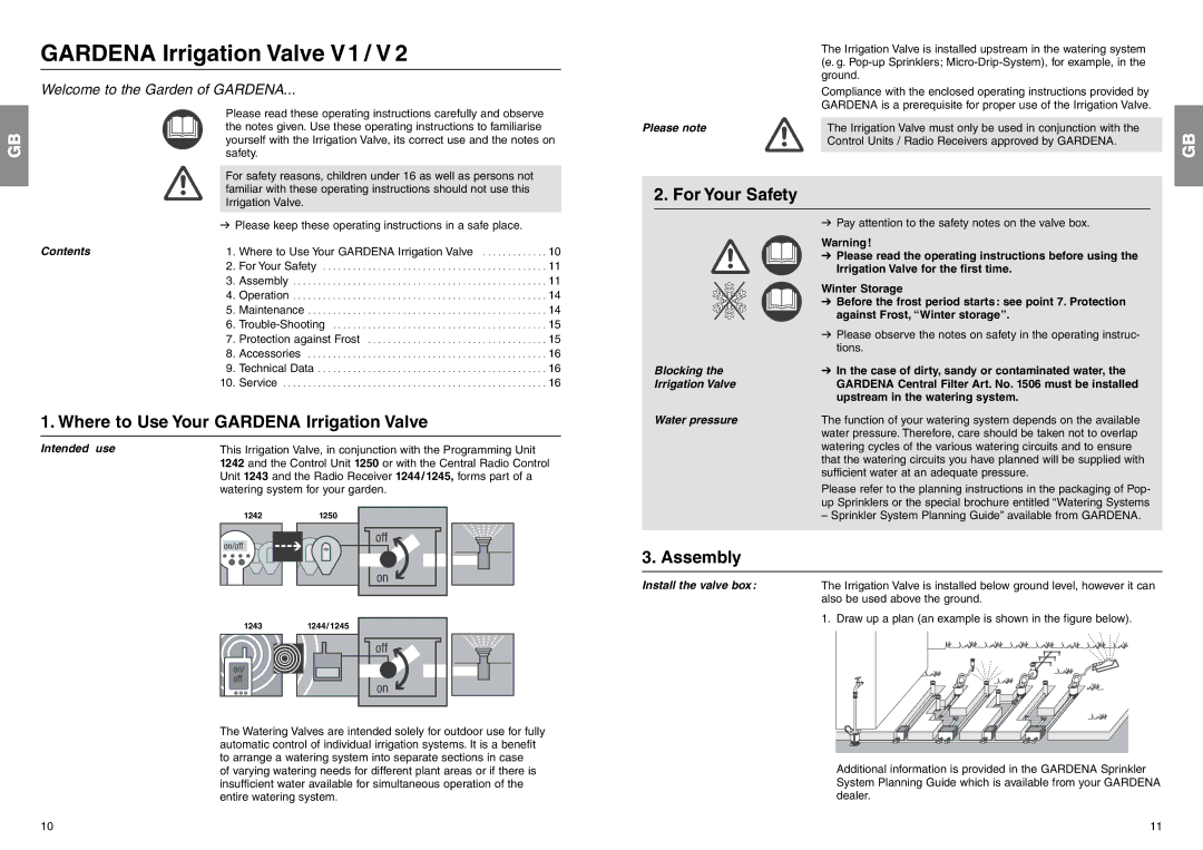 Gardena 1242/1250/1243/1244/1245 For Your Safety, Where to Use Your Gardena Irrigation Valve, Assembly 