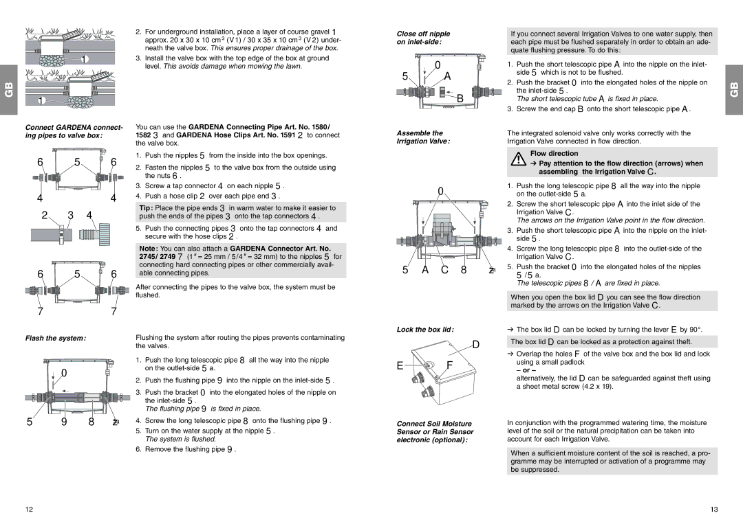 Gardena 1242/1250/1243/1244/1245 Close off nipple, Assemble Irrigation Valve, Lock the box lid, Flash the system 