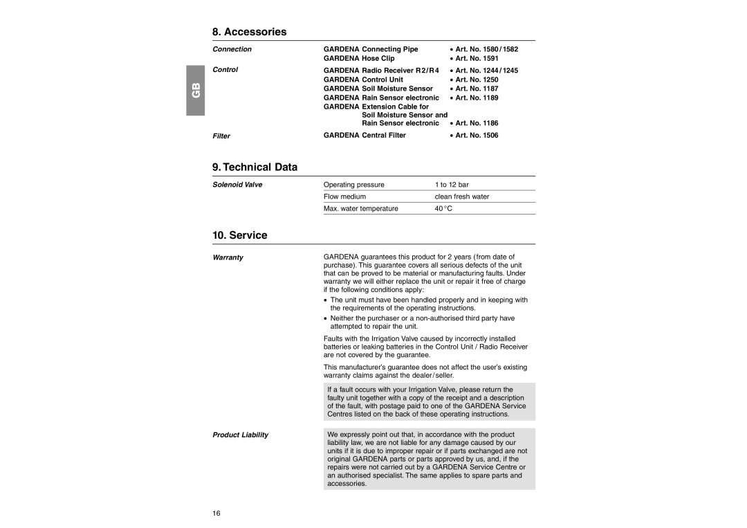 Gardena 1242/1250/1243/1244/1245 operating instructions Accessories, Technical Data, Service 