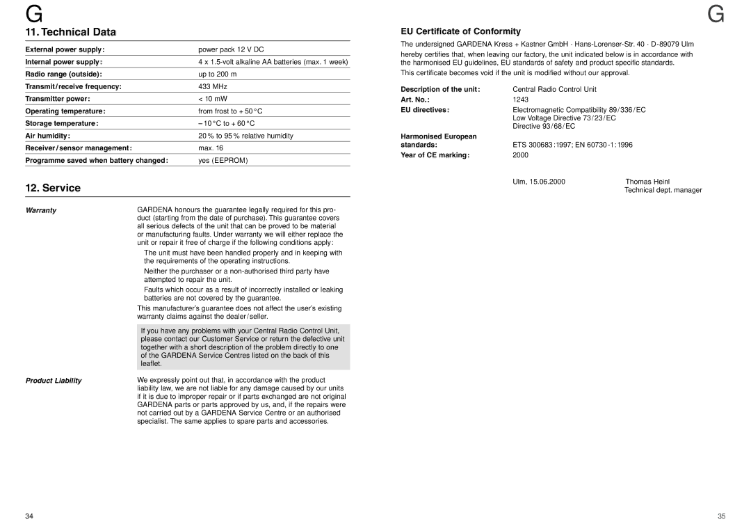 Gardena 1243 operating instructions Technical Data, Service, EU Certificate of Conformity, Warranty Product Liability 