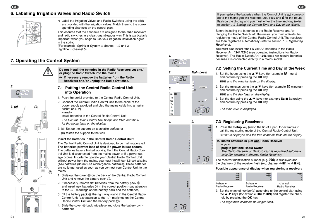 Gardena 1243 Labelling Irrigation Valves and Radio Switch, Operating the Control System, Registering Receivers 