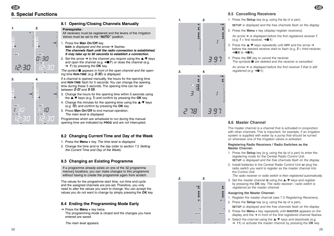 Gardena 1243 Special Functions, Opening/Closing Channels Manually, Changing Current Time and Day of the Week 