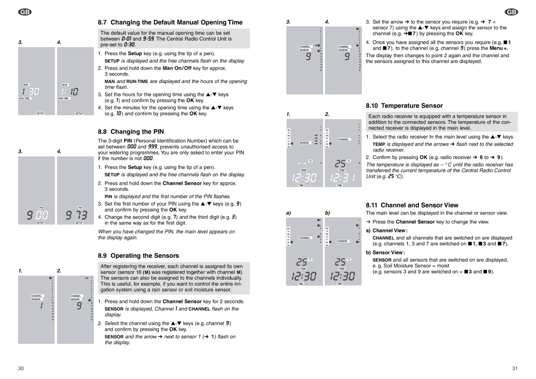 Gardena 1243 Changing the Default Manual Opening Time, Temperature Sensor, Changing the PIN, Operating the Sensors 