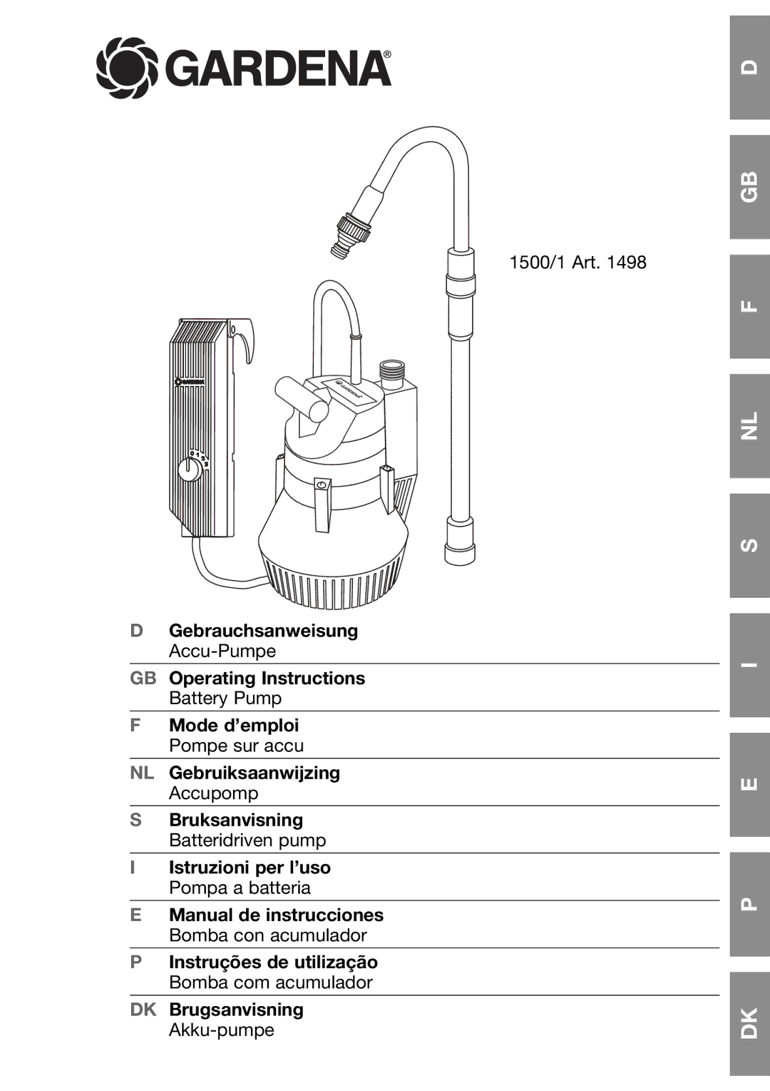 Gardena 1500/1 Art. 1498 operating instructions Gebrauchsanweisung Accu-Pumpe GB Operating Instructions 