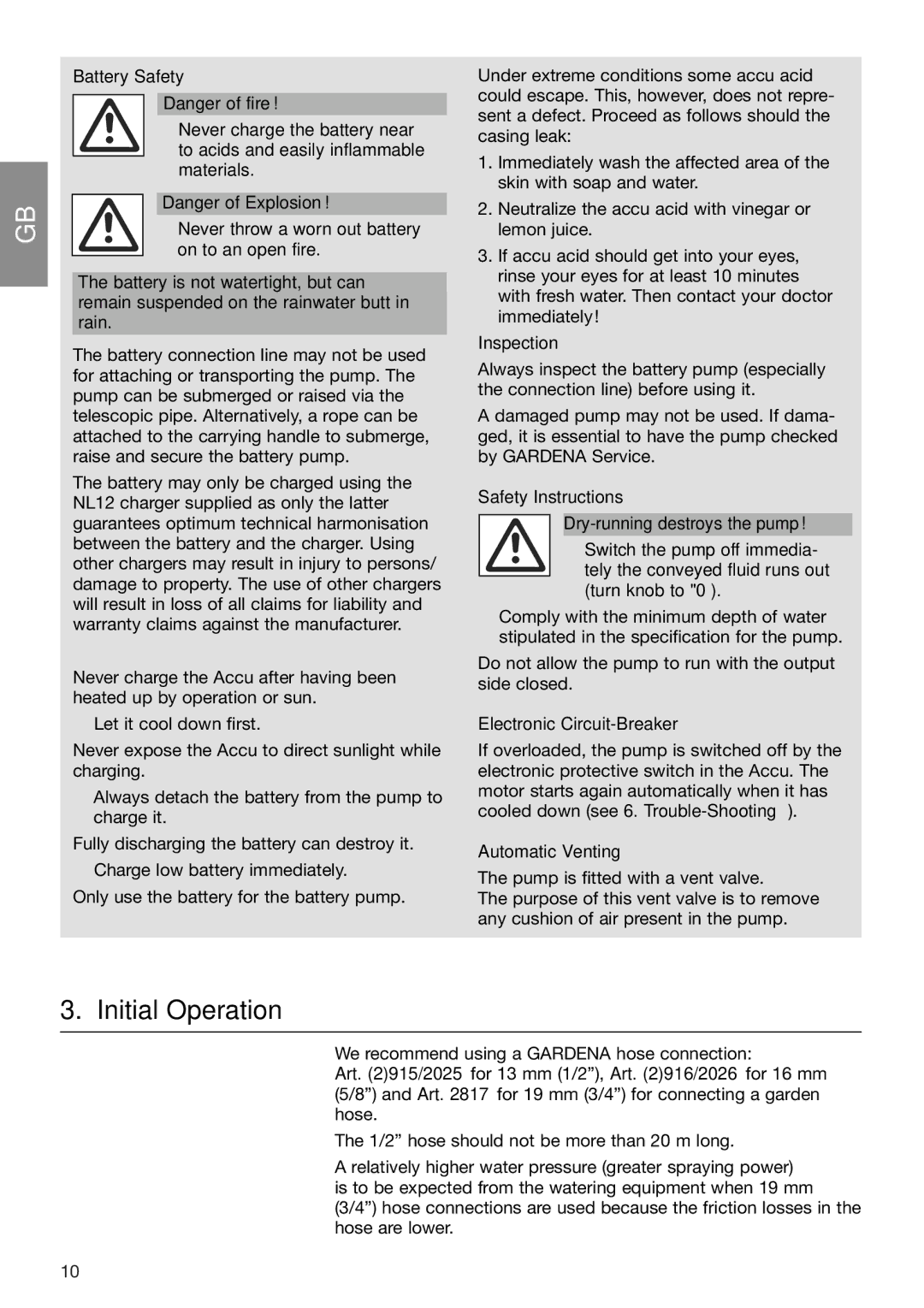 Gardena 1500/1 Art. 1498 operating instructions Initial Operation 