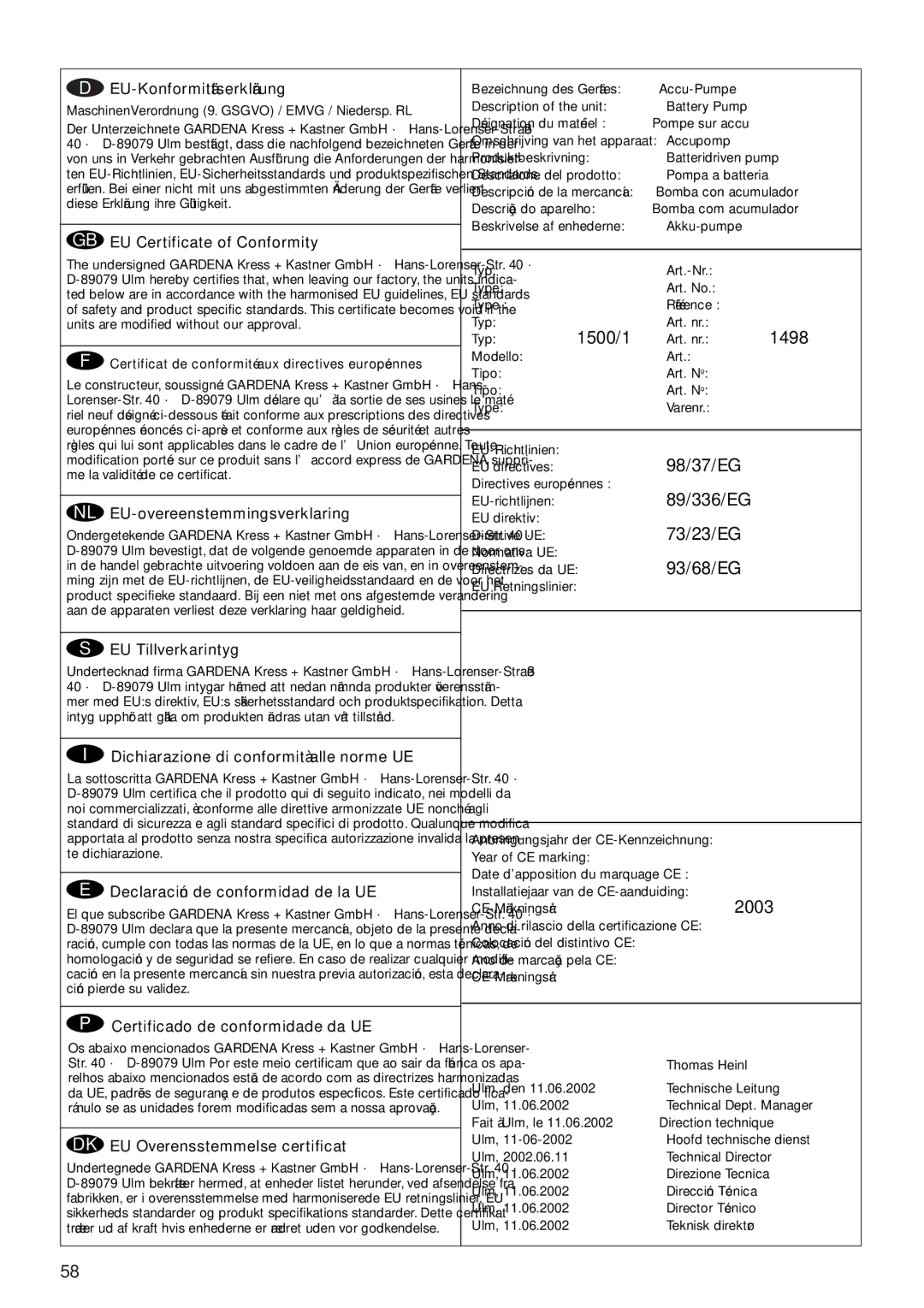 Gardena 1500/1 Art. 1498 operating instructions 98/37/EG, 89/336/EG, 73/23/EG, 93/68/EG, 2003 