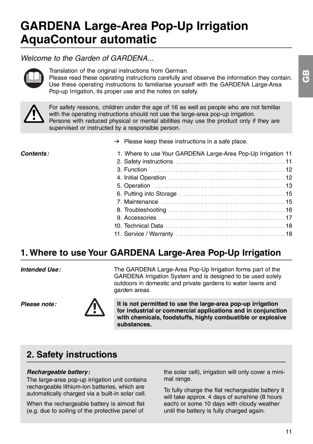 Gardena 1559 Where to use Your Gardena Large-Area Pop-Up Irrigation, Safety instructions, Contents, Rechargeable battery 